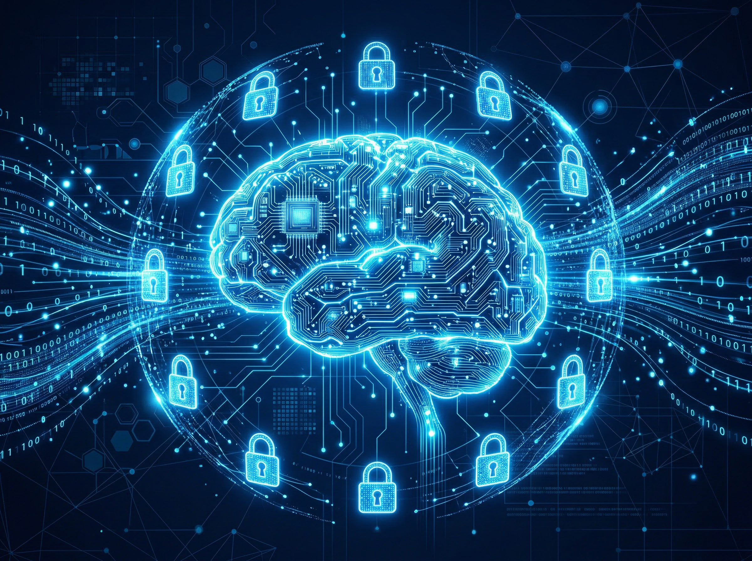 AI cybersecurity brain with security locks - FullySecure AI protection